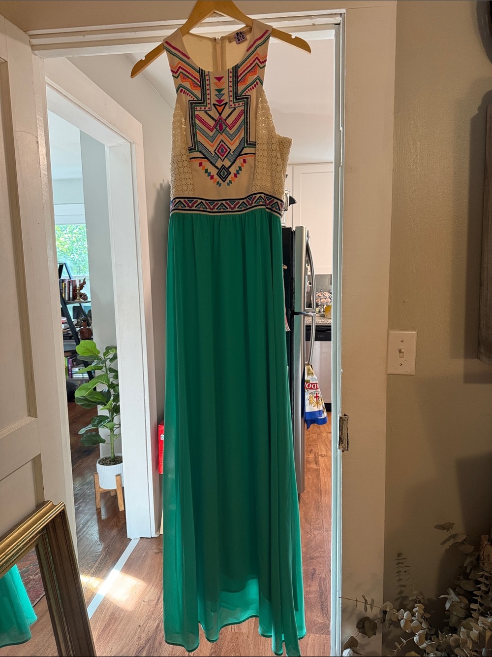 Embroidered Cream and Green Maxi Dress with Beaded Bodice
